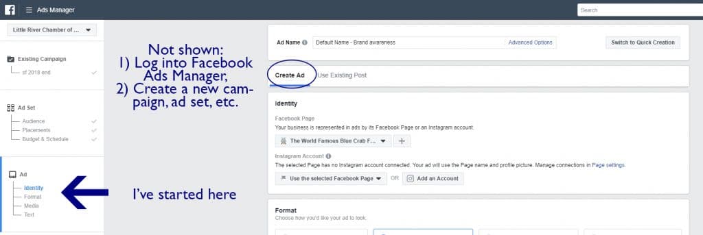 How to create the facebook ad - step 1