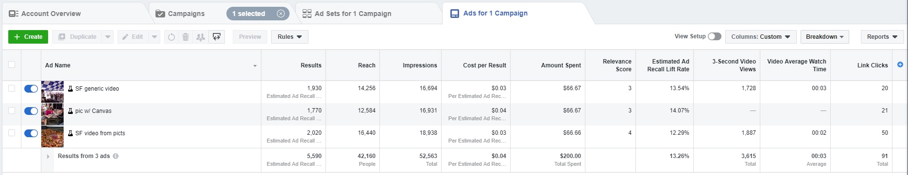 festival Facebook Ad results in Facebook Ad Manager