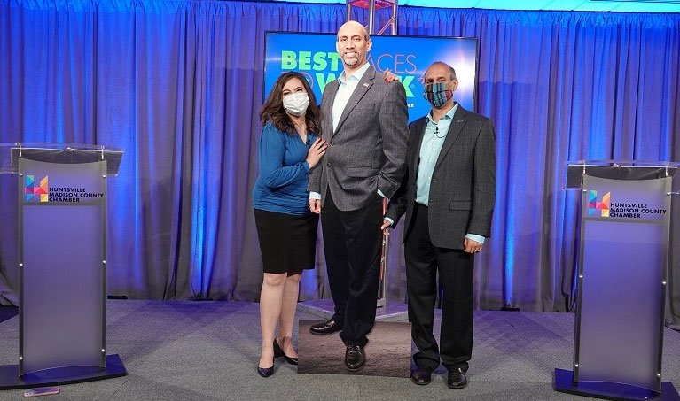 Huntsville/Madison County Chamber's flat Sameer photo stand in