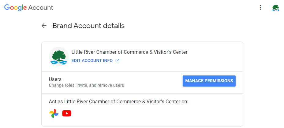 Screenshot of Managing Your Google Brand Account details