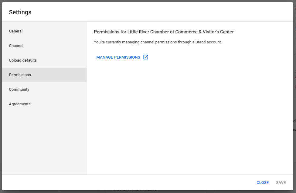 You may have to manage YouTube permissions through brand account