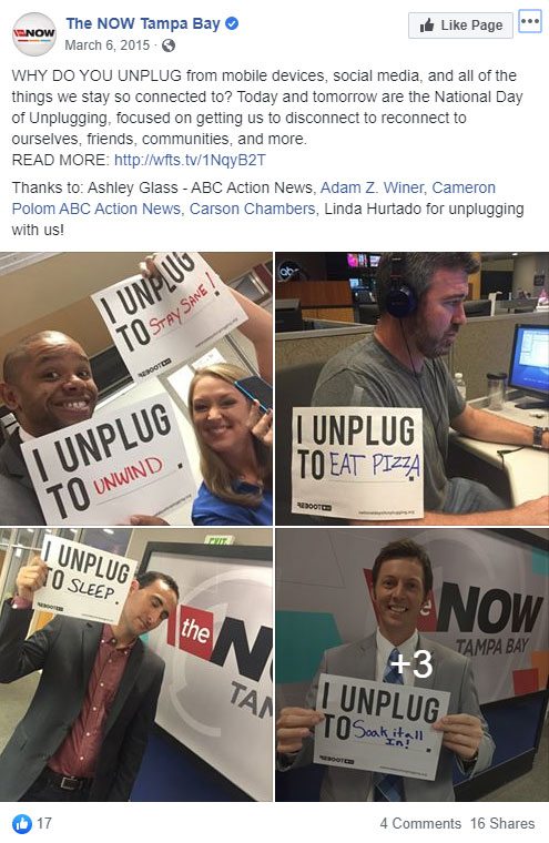NOW Tampay Bay Facebook post on National Unplugged Day
