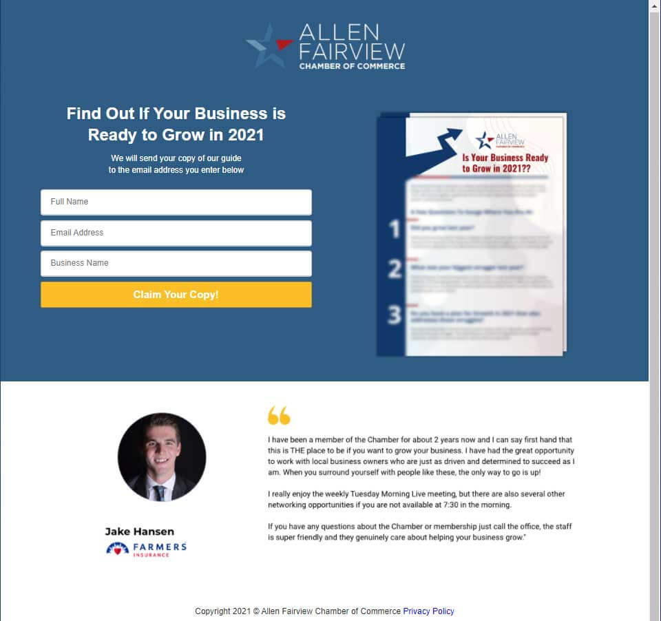 Example of a landing page for a lead magnet by Allen Fairview Chamber
