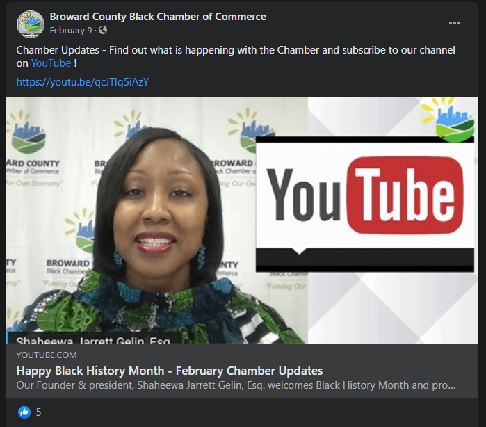Broward County Black Chamber Facebook post asking to subscribe to their youtube