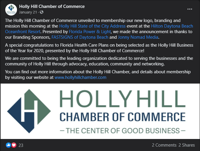 Holly Hill Chamber branding announcement on Facebook