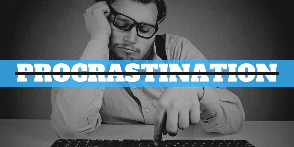 The word procrastination crossed out with picture of a bored guy playing with computer keyboard
