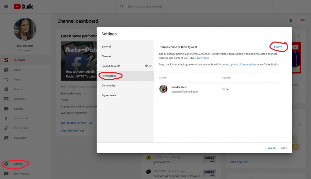 invite users to manage a youtube studio account