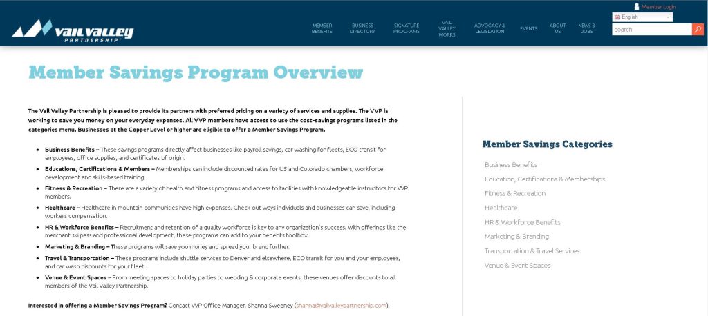 webpage screenshot of Vail Valley Partnership's Member Savings Program Overview