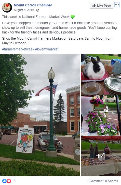 Mount Carroll Chamber Facebook post on National Farmers Market Week