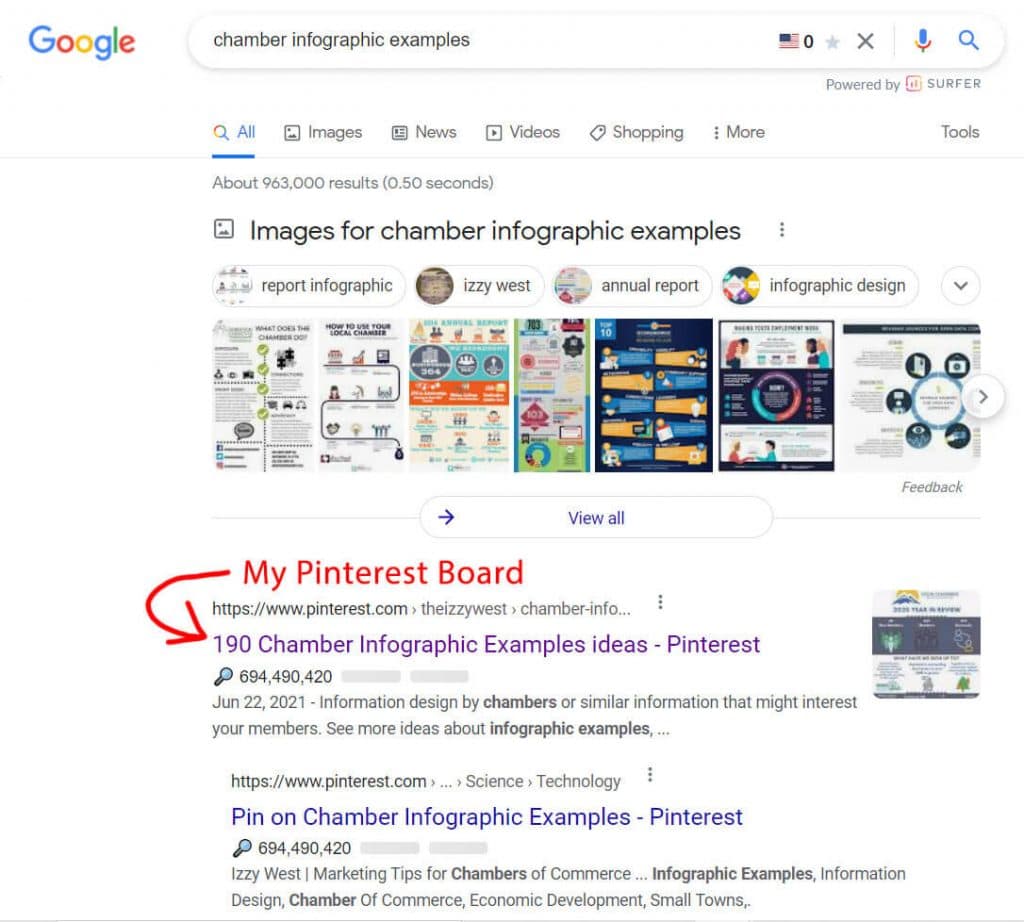 Example of my Pinterest board ranking #1 for a specific google search